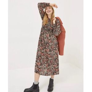 Fat Face Black Fern Blush Floral Long Sleeve Smocked Bodice Modest Maxi Dress